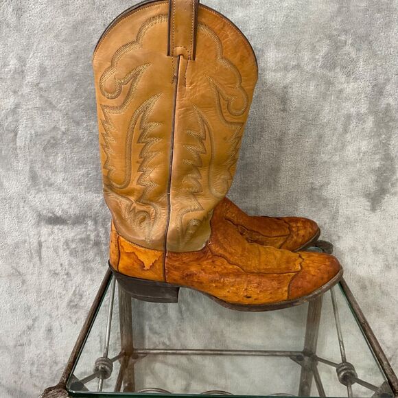 Vintage Justin Ostrich Cowboy Boots Mens 10.5 D Two tone tan full quill * - Picture 2 of 16